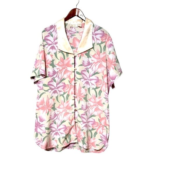 Victoria's Secret Other - VTG Victorias Secret Floral Satin Pajama Top M/L Short Sleeve Button Front
